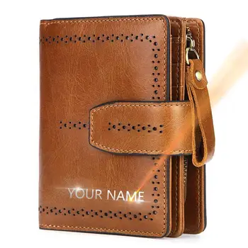 Нов мъжки портфейл с надпис на името, класически мъжки портфейл от естествена кожа с цип, висококачествени мъжки портфейли с цип