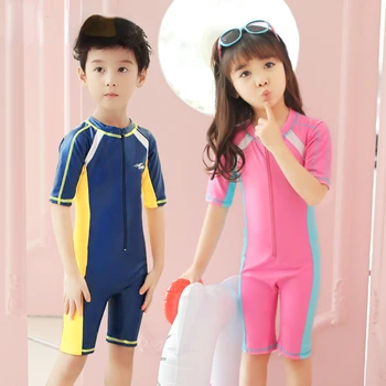Нов стил, детски бански костюм, консервативен едно парче бански костюм с къс ръкав за момчета и момичета, бански костюми, слънцезащитни продукти