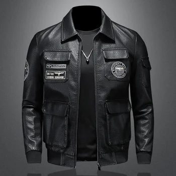Нова кожено яке военен пилот, Мъжки модни мотоциклетът кожено яке с бродерия на лацканах, дебело яке-бомбер с множество джобове, мъжки