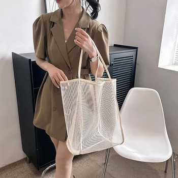 Новата жена на окото е Прозрачна чанта на едно рамо, Модерен лесно преносима чанта за пазаруване, Плажна mesh bag-тоут, лятна 가방