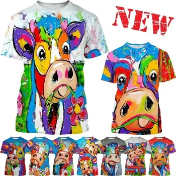 Нови Цветни Тениски с образа на Крава 3D в стил Поп-Арт, през Цялата Деколте, Къс ръкав, Животински Модел, Мъжки И Дамски Модни Ежедневни Блузи