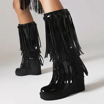 Нови дамски ботуши с пискюли, есен-зима, непромокаеми ботуши от изкуствена кожа в дебела подметка, обувки на висок ток и танкетке, дамски обувки големи размери, botas mujer