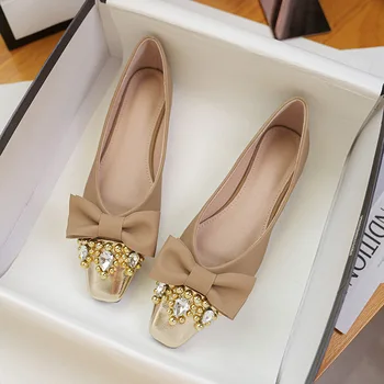 Нови дамски обувки на плоска подметка, кристали с квадратна глава, Корейски обувки-половники, Бабини обувки в метална плоска подметка, Размер 41-42