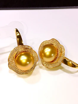 Обеци-куки от Филипинските злато Nanyang с перли 11-12 мм, Кръгли Обеци с диаманти от злато, 18 Карата, инкрустирани с диаманти от естествени перли, морска вода
