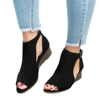 Обикновена летните модни дамски ежедневни сандали на танкетке с отворени пръсти, Удобни обувки с мека подметка, Дишащи Дамски обувки с каишка и катарама