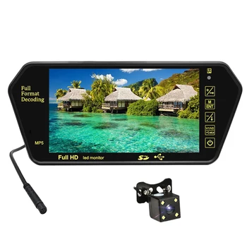 Огледален монитор, FM трансмитер, 7-инчов резервна камера, Full HD, съвместима с Bluetooth, Автоматична Обратна TF карта, управление на волана колело