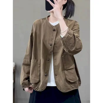 Памучни якета за жени в корейски стил, Свободна однотонная работно облекло, Жилетки, Однобортные палто с дълги ръкави, Реколта дамски дрехи