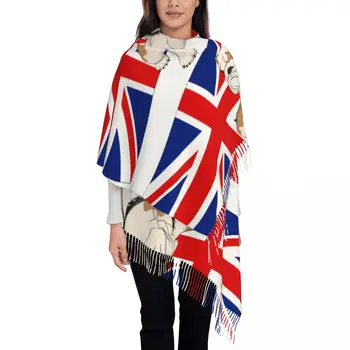 Персонализирани английски булдог с принтом на фона на Британския Флаг, мъжки шал с ресни и Дълги дрямка, Женски шал от студ