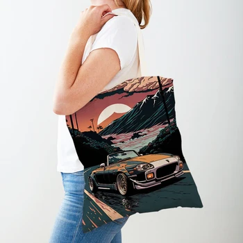 Плакат на автомобила Jdm в стил Ретро от 80-те, Естетически дамски чанти за пазаруване, Ежедневни холщовая чанта с двоен принтом, Художествена чанта за водача, Дамски чанти-тоут