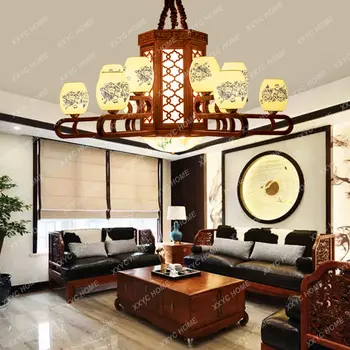Полилей от палисандрово дърво за дневна вили и фоайето на хотела в китайски стил, стъклена лампа в стил ретро, осветление от масивно дърво