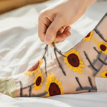 Прозрачни Забавни Чорапи На Слънчогледа Crystal Коприна Прилив На Чорап На Слънчогледа Бродерия Тънки Летни Ежедневни Стъклени Копринени Дълги Чорапи На Едро