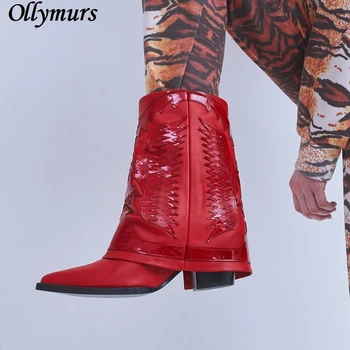 Пролетно-есенни Нови дамски ботуши с бродерия в западен стил на високо масивна ток, Показващи дамски обувки голям размер