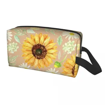 Пътна чанта за тоалетни принадлежности със слънчогледи и Маргаритками, Органайзер за козметика с цветен модел в Кавайном стил за жени, кутия за съхранение на козметични консумативи