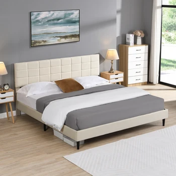 Рамка на легло-платформа King Size с таблата, обитым кърпа и дървена пръчка, Пружинен блок не се изисква / Лесен монтаж, Тъмно-бежов