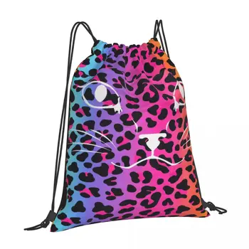 Раници с завязками Rainbow Cheetah по поръчка За жени, са подходящи за използване в училище, къмпинг, фитнес зала, чанта за съвсем малък, Когато