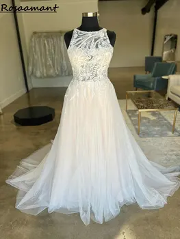 Реалното изображение, Сватбени рокли Трапецовидна форма, с кръгло деколте, 3D апликация, Дантелени Сватбени рокли