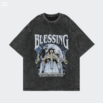 Реколта мъжка тениска на Dark Souls с надпис High Street Blessing, Выстиранные черни тениски в стил хип-хоп Оверсайз