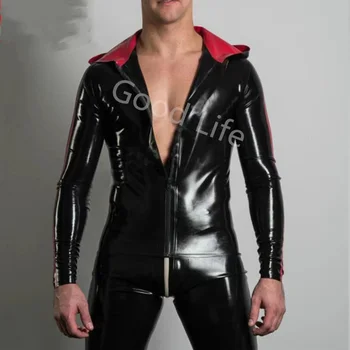 Секси Черен Мъжки Латексный топ, кожено яке с качулка, Облегающая Отворена Предна светкавица, Черно с червено по поръчка