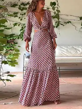 Сексуалното празнична рокля с геометрични принтом, Дамски летни рокли midi в стил мозайка дантела с отворен гръб, халат с дълъг ръкав и V-образно деколте