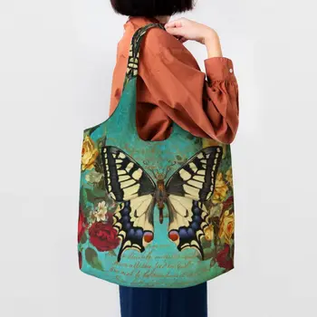 Сладък Печатна пазарска Чанта с Пеперуда и Цвете, Здрава Холщовая пазарска Чанта През Рамо