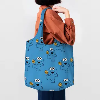 Сладък Принт Cookie Monster Shopping Мъкна Чанти Здрав Платно Купувачът Рамото Карикатура От 