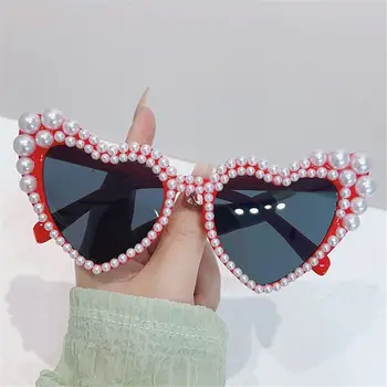 Слънчеви очила в рамка от изкуствени перли UV400, модни слънчеви очила за плажната партита на 90-те години на Y2K, слънчеви очила във формата на сърце за жени и мъже
