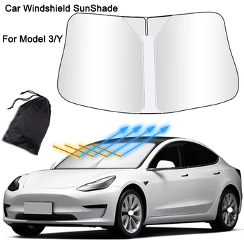 Слънчеви седалките на предното стъкло на автомобила, сгъваема слънцезащитен чадър, блокиращ ултравиолетовите лъчи, с чанта за съхранение за Tesla Model 3 Y