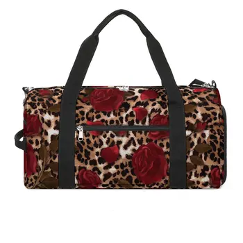 Спортни чанти с цветен леопардовым принтом, спортна чанта, Голям капацитет, с принтом Червени Рози, Мъжки чанти Почивен Ден на поръчка, Чанта за багаж, Графична чанта за фитнес