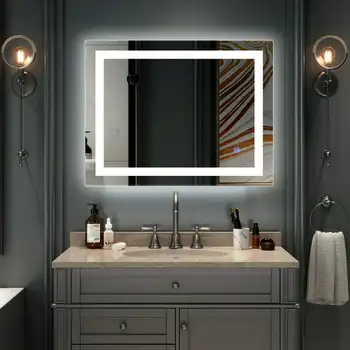 Стенно огледало за тоалетка за маса или за баня, правоъгълно вертикално огледало със защита от замъгляване + водоустойчив IP67