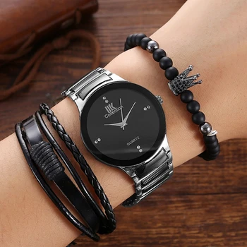 Стилен кварцов часовник с кожена влязат с украшения-гривни за мъжка мода часовници мъжки Montre Reloj