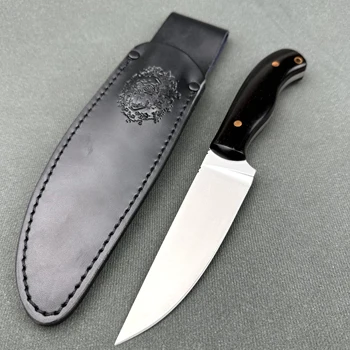 Стоманена котва нож D2 с кожена обвивка, здрав и остър нож за оцеляване на открито, удобна дръжка от естествен сандалово дърво