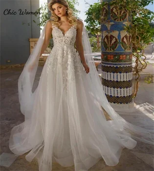 Страхотна Струящееся Сватбена рокля в стил Бохо 2023, Тюлевое Плажна рокля на Булката с V-образно деколте и с отворен гръб, Апликации на Дантела, Булчински рокли в стил Кънтри, Vestidos