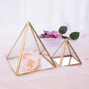 Стъклен Ковчег за бижута, Златна Геометрична Декоративна кутия, Геометрична стъклена Пирамида, Поставки за пръстени, За сватба, подарък за рожден Ден