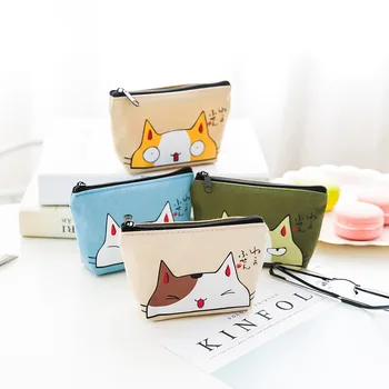 Текстилен портфейл с сладък котка, портфейл, Козметика карта червило, ключ, чанта за съхранение на слушалки, Дамски пътни чанти с цип, Малки чанти