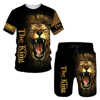 Тениски с 3D принтом на животното Лъв, Комплекти шорти, Мъжки спортни костюми, Модни негабаритная тениска с къс ръкав, Комплект панталон, Мъжки костюми, облекло