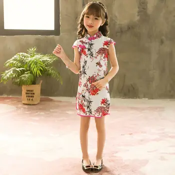 Традиционно китайското рокля Ципао с цветен модел за момичета-Чонсам с къс ръкав