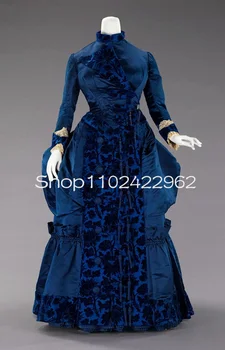Тъмно сини реколта рокли за бала с история на 18 век, с дълъг ръкав, от петнист кадифе, Костюм с висока воротом, вечерна рокля във викториански стил
