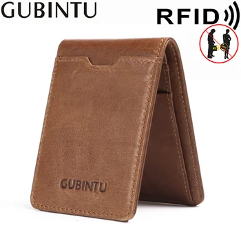 Тънък кожен държач за лична карта/кредитна карта, Двойна Предни джоба, в чантата с RFID заключване, Визитница от естествена кожа