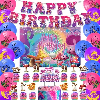 Украса за рожден ден с гъби Включват гъби фон честит рожден Ден, банер, topper за торта, топперы за кифли, балони