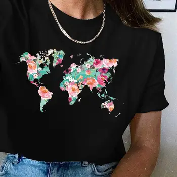 Унисекс, реколта тениски с флорални принтом и карта на света, Модни дамски лятна риза с анимационни герои, Стилна тениска с къс ръкав и шарките