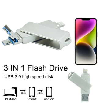 Флаш памет Usb 3.0 за телефон с интерфейс 3 в 1 USB A за iPhone usb3.0, стик за външни устройства за съхранение на iOS