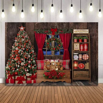Фон за снимки на Коледни прозореца на Играчка мечка Фон Шкаф Коледно дърво кутии Подарък Дървена стена Фон за снимки подпори