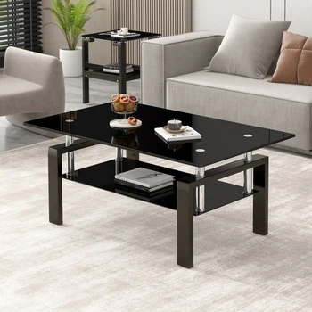 Холова маса от закалено черно стъкло, 2-слойный чай маса, лесно се монтира за вътрешната мебели за всекидневната