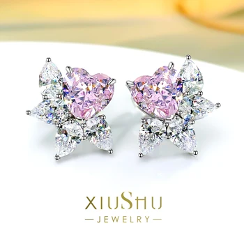 Цветни обеци във формата на сърце с розов диамантен пръстен 8 * 8, леки луксозни темпераментни, обеци от сребро проба 925 високо качество