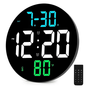 Цифров стенен часовник с дисплей, 9-инчов цифров часовник с голям екран с 4 нива на яркост, дистанционно управление, дата
