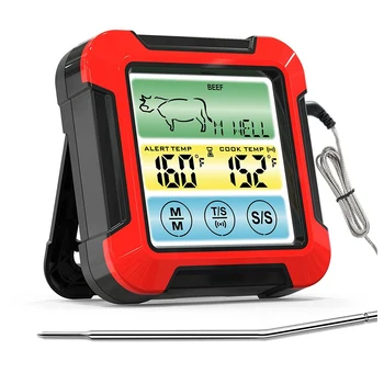 Цифров термометър за месо за готвене на скара, Сензорен термометър за барбекю с подсветка и кухненски таймер, червен