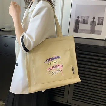 Чанта през рамо, плътна холщовая студентски женствена чанта за пазаруване, по-голям капацитет, буквално принт, модерни, универсални чанти за съхранение на гореща разпродажба