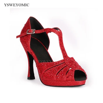 Червени Блестящи Zapatos De Baile, Кристали, Обувки За Латинските Танци На Платформата, Сатен Танцови Обувки на Висок Ток 2023, Индивидуални Обувки За Салса, Бални Обувки За Латино Танци