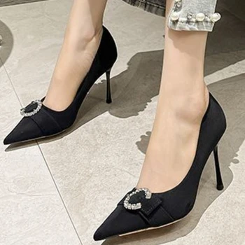 Черни тънки дамски обувки 2023, Летни дамски обувки на висок ток 9 см, с остри пръсти и блестяща катарама, Секси рокля-лодка за офис