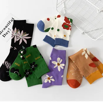 Чорапи В корейски стил, Дамски чорапи с флорални принтом, Сладки чорапи в японски стил Kawai За момичета, Ежедневна мода Harajuku, градинска дрехи, дамски зелени чорапи